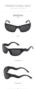 Detailed views of Y2K sports sunglasses with grey lenses and unique wavy temple design