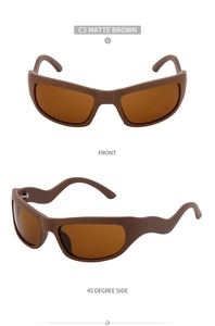 Front and 45-degree side views of C3 matte brown Y2K wrap-around sporty sunglasses