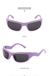Detail of Y2K sporty lavender sunglasses with gray lenses and wavy temple design