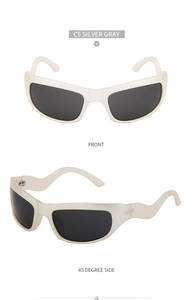 Front and 45-degree side view of Y2K sporty silver gray sunglasses with wavy temples