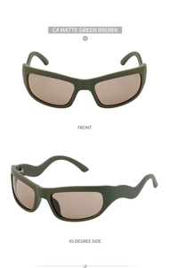 Front and side view of Y2K matte green wrap sunglasses with unique wavy temples