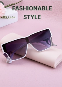 Detail of white square frame sunglasses with purple gradient lenses and silver accents