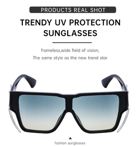 Detail of square sunglasses with gradient lenses, UV protection, and silver metal accents