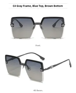 Détails des lunettes de soleil oversize avec verres dégradés bleu-thé et monture en métal