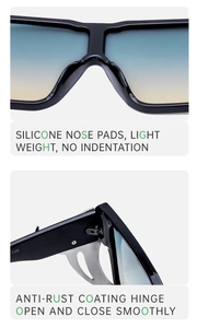 Detail view of square sunglasses with silicone nose pads and durable rustproof hinges