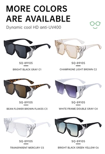 Matrix layout showing diverse color options of oversized square shades with flame temple detail