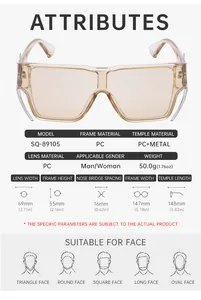 Detailed size chart for oversized square sunglasses featuring frame and lens dimensions