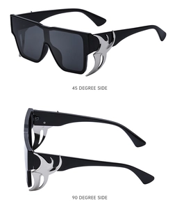 Close-up of black square sunglasses featuring metallic silver flame temple details