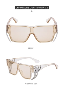 Front and 45-degree side views of champagne square sunglasses with flame metal accents