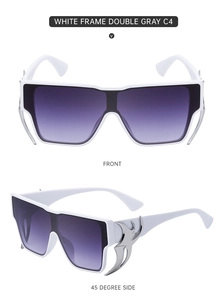 Detail of white square sunglasses featuring purple gradient lenses and silver flame temple
