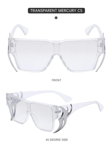 Detail of transparent mercury sunglasses with silver flame metal trim on temples