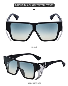 Close-up of square frame sunglasses featuring silver flame-shaped metal temple decor