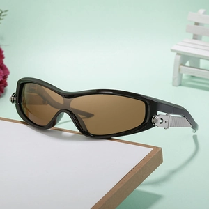 Y2K sporty wrap-around sunglasses in black frame with amber lenses and silver metal trim
