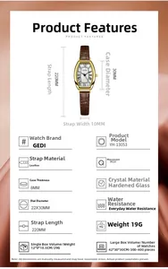 Detailed specs of GEDI vintage tonneau watch with leather strap and quartz movement