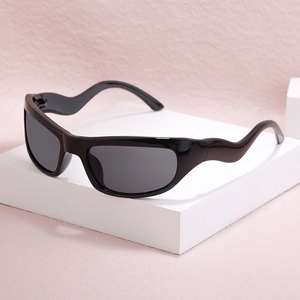 Y2K sporty wrap sunglasses with unique wavy arms and black polarized lenses on pink background
