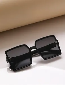 Detail view of square polarized sunglasses with metal V accents and inner temple specs