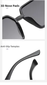 Detail of square polarized sunglasses featuring ergonomic nose pads and anti-slip temples