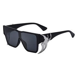 Square punk sunglasses with black frame and silver flame temple accents in a 45-degree view