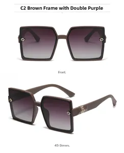 Brown square polarized sunglasses with purple gradient lenses and gold accents