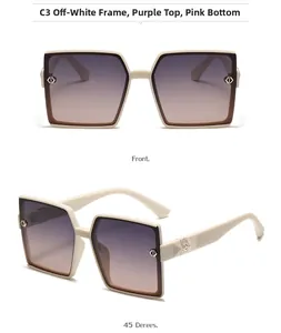 Detail view of square beige frames with gradient purple lenses and gold hexagonal metal accents