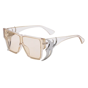 Y2K square champagne sunglasses with silver flame temple detail on white background