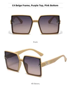 Detail of square beige sunglasses with gradient pink lenses and silver hinge decor