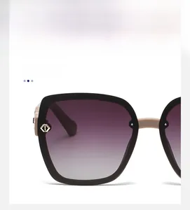 Close-up of black oversized sunglasses frame with gold diamond accents and purple lenses