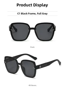Detailed views of oversized square polarized sunglasses with C1 black frames and grey lenses