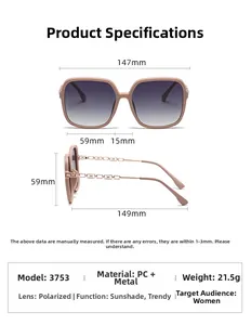 Detailed dimensions of polarized square sunglasses with pink PC frame and gradient lenses