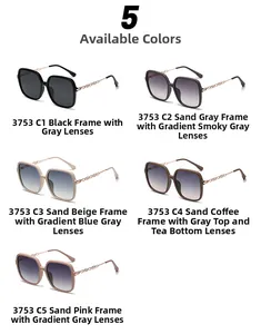 Close-up of polarized sunglasses with hollow metal chain temples in five colors