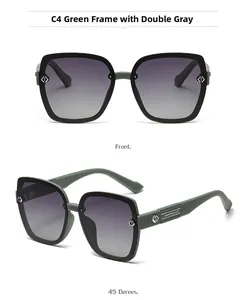 Detail view of large dark green square frame sunglasses with gradient grey lenses