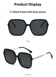 Detail of polarized square sunglasses with rose gold chain temples and grey lenses