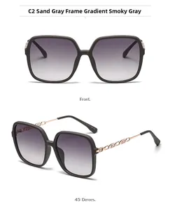 Detail view of square sand gray frame sunglasses with gold chain temples and logo