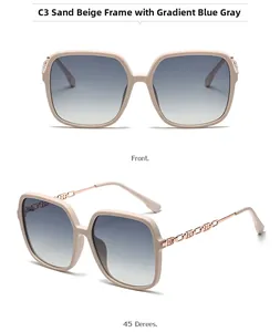 Detail of square polarized sunglasses with matte cream frame and rose gold hollow temples