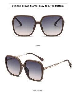 Detail of matte coffee square sunglasses with gold chain temples and gradient lenses