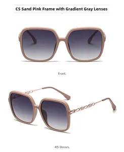 Polarized square sunglasses in matte pink with gradient grey lenses and hollow metal temples
