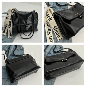 Detailed views of a black PU leather crossbody bag with Muon Shark decorative webbing