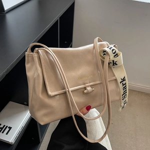 Chic beige large-capacity shoulder bag with golden buckle and stylish printed scarf strap