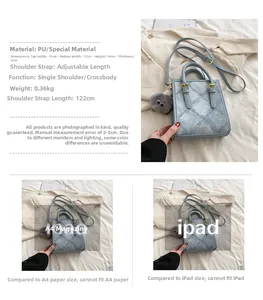 Detailed view of light blue square PU leather bag with dimensions and gold hardware
