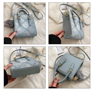 Detail views of light blue crossbody bag with denim texture and gold buckle hardware