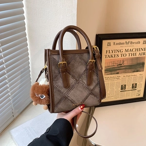 Women Crossbody Bag PU Leather Denim Texture Stitching Square Tote With Plush Charm Fashion Casual Shoulder Handbag