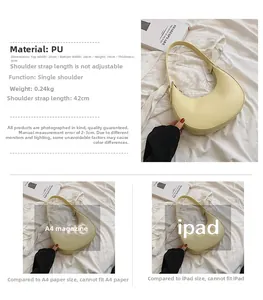 Detail view of yellow half-moon PU shoulder bag with dimensions and material specs