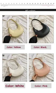Detail view of crescent moon shoulder bags in yellow, black, white, and pink leather