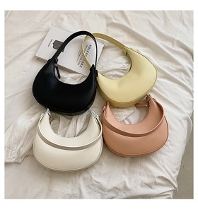 French minimalist crescent shoulder bags in black, yellow, white and pink leather colors