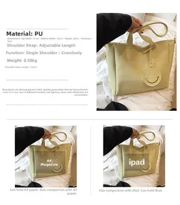 Detailed size specifications for a yellow large capacity PU tote bag with shoulder strap
