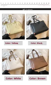 Detail view of large tote bags in yellow, black, white, and brown with smiley charms