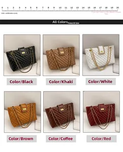 Close-up of quilted chain shoulder bags in six colors including black and khaki