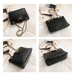 Detailed views of black quilted leather tote featuring diamond stitching and gold chain