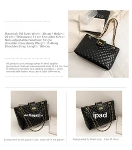 Detail view of black quilted tote bag with dimensions 30x20x11cm and golden metal lock