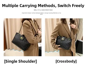 Detail view of black quilted tote bag with gold chain strap worn on shoulder and crossbody